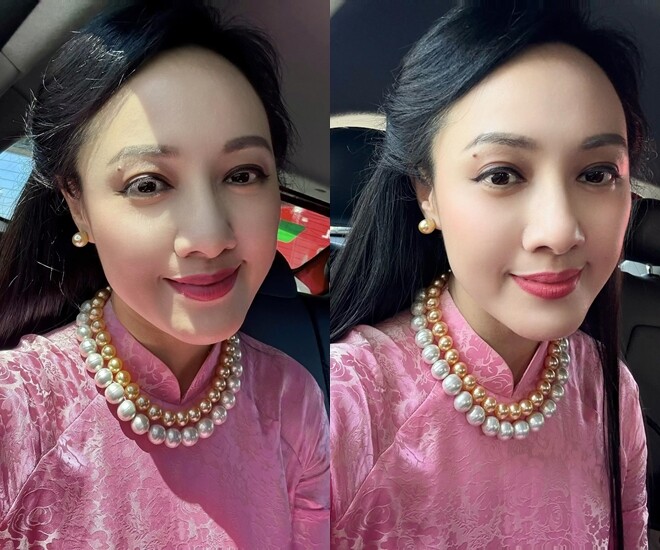 Hoài Anh trẻ trung trong bộ áo dài màu hồng phấn ngọt ngào. 
