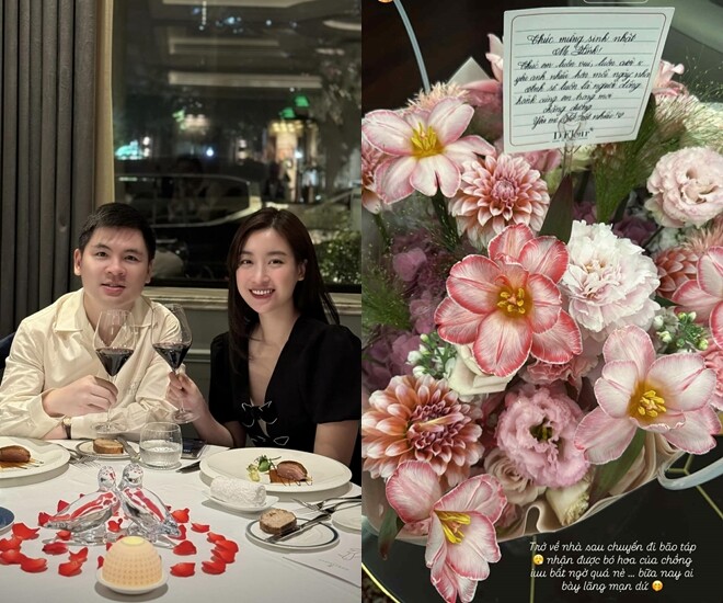 Đỗ Mỹ Linh ngỡ ngàng khi chồng doanh nhân bất ngờ lãng mạn tặng hoa.