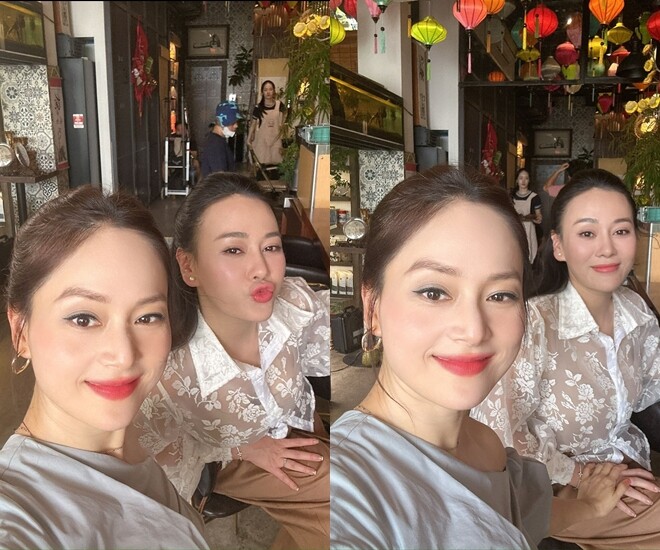 Lan Phương và Phương Oanh rạng rỡ trong hậu trường phim.