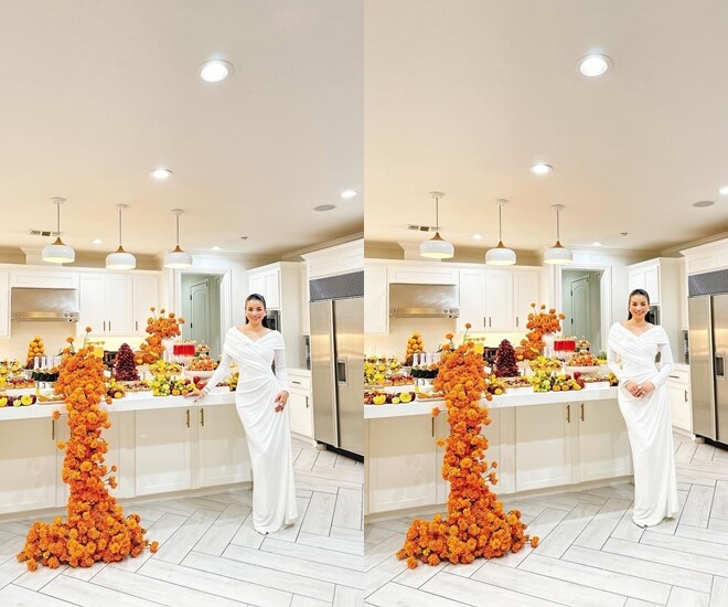 Phạm Hương đẹp rạng rỡ, sang trọng bên bàn tiệc tại gia. 
