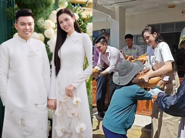 Sao Việt 24h: Đỗ Thị Hà giản dị cùng chồng thiếu gia Viết Vương trao 5 tỷ và 40 tấn gạo hỗ trợ người dân vùng lũ