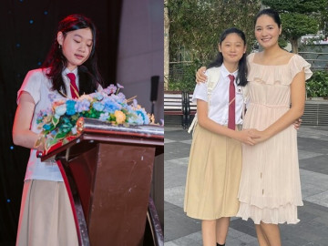 Hoa hậu Việt cưới chồng Trung Quốc hạnh phúc khi ái nữ được vinh danh, Tiểu Panda cao 1m75 đứng vượt trội so với các bạn