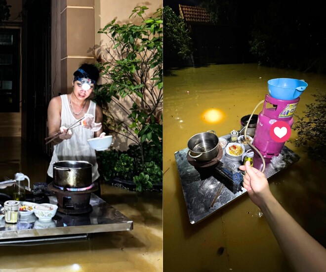 Hình ảnh anh Sơn (quê Bắc Ninh) lội lũ nấu cơm cữ cho vợ.