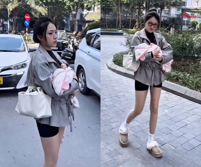 10X xuống bế con xuống phố, diện đồ ngắn cũn khoe chân thẳng nuột.