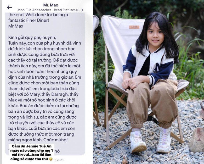 Phạm Quỳnh Anh từng đăng tải ảnh chụp tin nhắn của nhà trường xác nhận Tuệ An là một trong những học sinh được đặt cách dùng bữa ăn riêng với giáo viên.