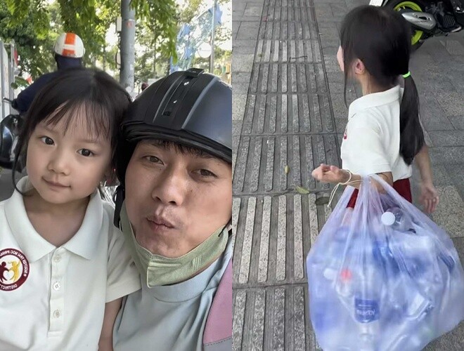 Quách Ngọc Tuyên đưa con gái đến trường quốc tế, cô bé mang theo một túi ve chai đã qua sử dụng.
