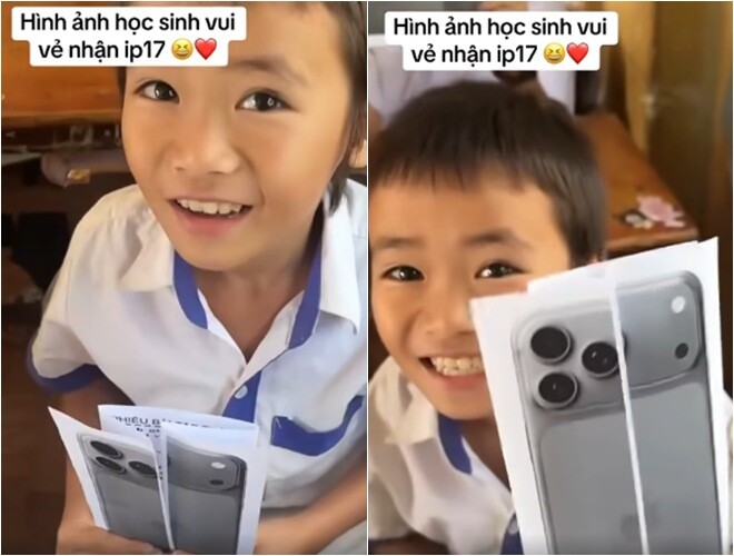 Khoảnh khắc em học sinh cười tươi khi nhận được món quà giá trị từ cô giáo.