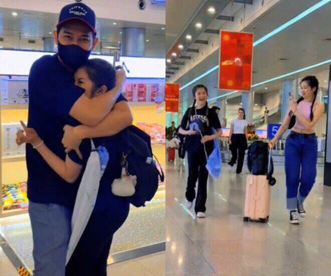 Cát Cát biểu cảm hài hước khi được bố ôm chặt ở sân bay.