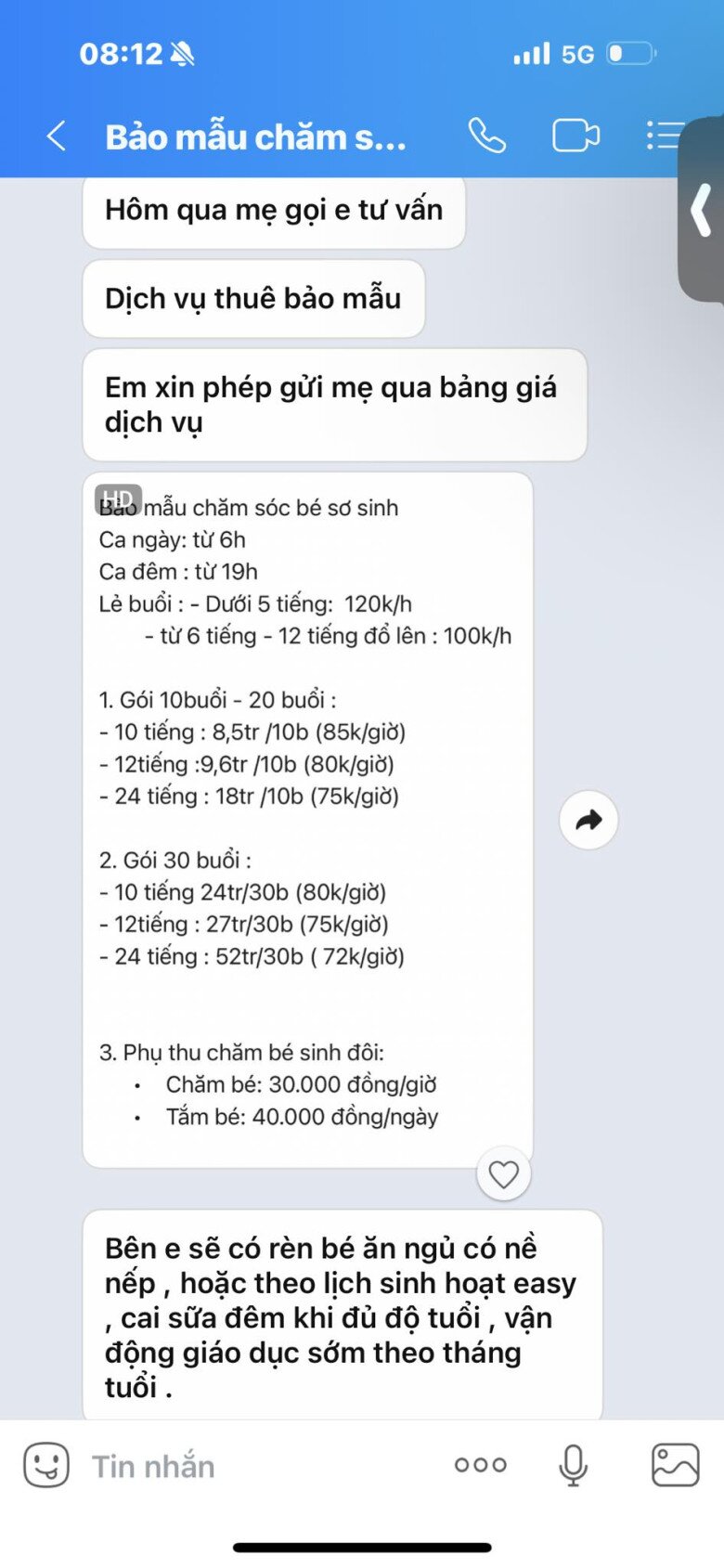 Bảng gia dịch vụ bảo mẫu cao cấp chăm sóc trẻ sơ sinh khiến hội mẹ bỉm Việt xôn xao.