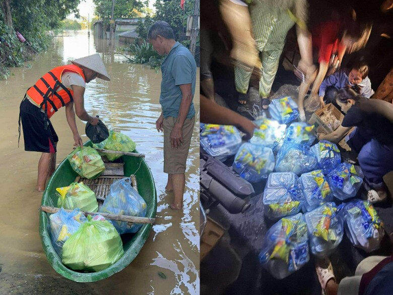 Không chỉ tự tay chuẩn bị các phần cơm nóng hổi, chị Hoa và một số đồng đội còn di chuyển trực tiếp vào các vùng bị ngập lụt để trao cơm, nhu yếu phẩm cho bà con. 