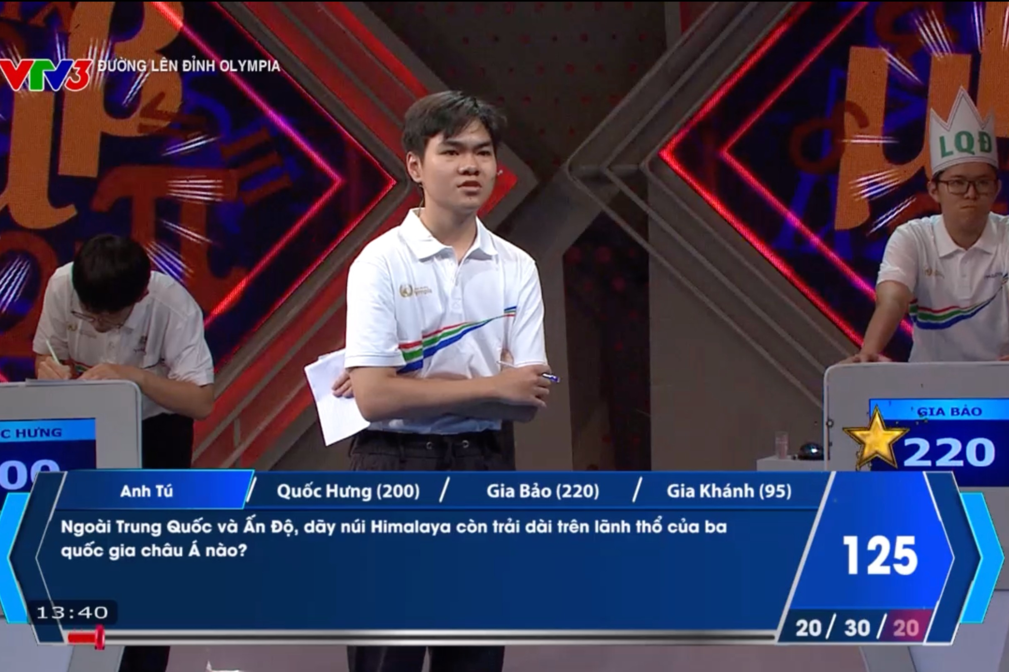 Câu 3 về địa lý, Gia Bảo giành quyền trả lời nhưng vẫn không thành công. Gia Bảo bị trừ 10 điểm, Anh Tú kết thúc phần thi Về đích với 105 điểm.
