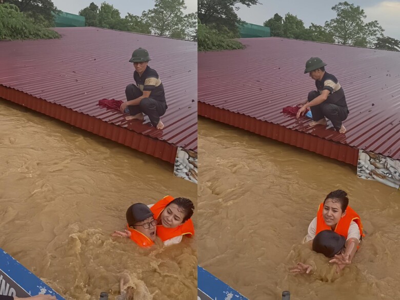 Khoảnh khắc anh Tùng cố gắng bám lấy hai nạn nhân, cứu họ giữa dòng lũ xiết.