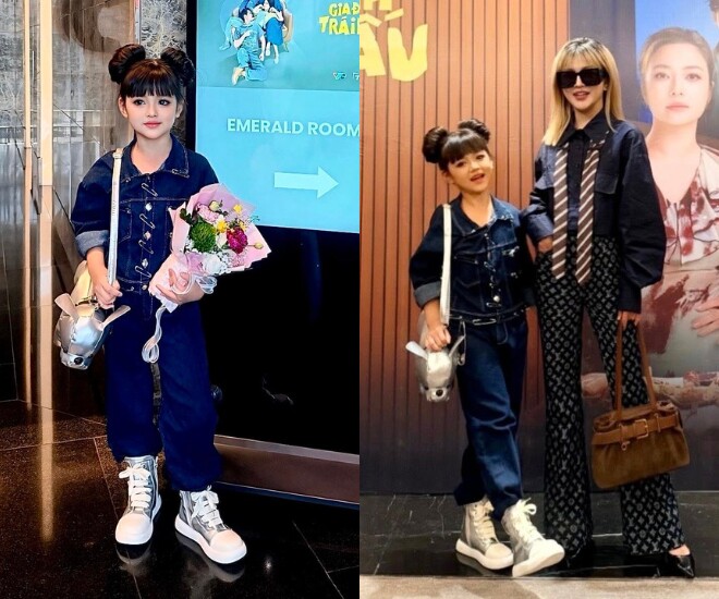 Diễn viên nhí Cherry An Nhiên đi cùng mẹ đến dự họp báo phim Gia đình trái dấu.