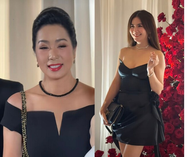 NSND Trịnh Kim Chi (trái), diễn viên Kha Ly (phải) cùng diện váy đen.