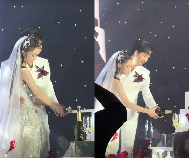 Cô dâu - chú rể thực hiện nghi thức cắt bánh cưới, rót rượu mừng.