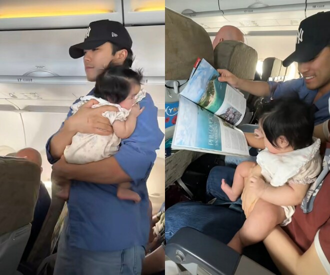 Vợ chồng Đức Triệu - Bảo Linh thay nhau bế bồng, làm trò để ái nữ không quấy khóc.