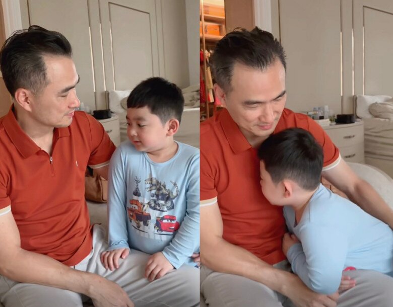 Khoảnh khắc bé Gia Khang thỏ thẻ lấy lòng bố đốn tim người xem.