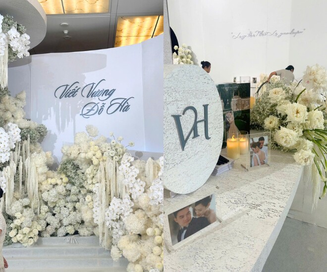 Không gian tiệc cưới lung linh, bày trí nhiều hoa tươi.