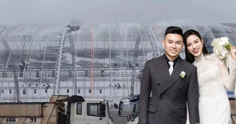 Cận cảnh rạp cưới của Hoa hậu Đỗ Thị Hà bị rách vì mưa bão.