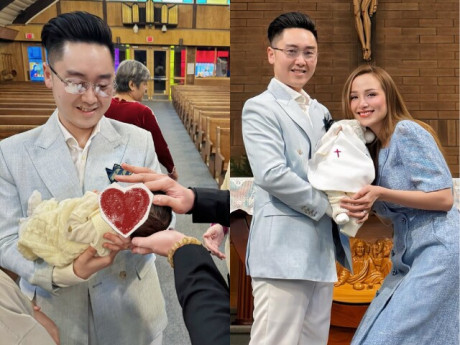 Diễm Hương làm lễ rửa tội cho quý tử thứ 2, chồng Việt kiều cứ giao con cho bố mẹ vợ là "ngủ khò"