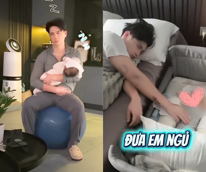 Hình ảnh chồng Ngô Thanh Vân đầu bù tóc rối khi chăm con.