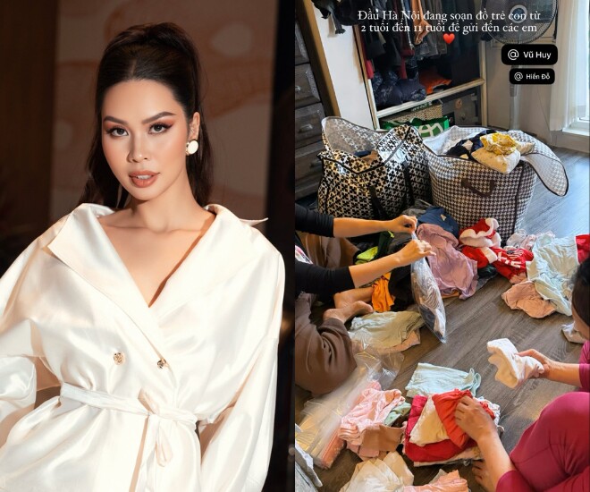 Hà Anh soạn quần áo giữ ấm cho trẻ em vùng lũ.