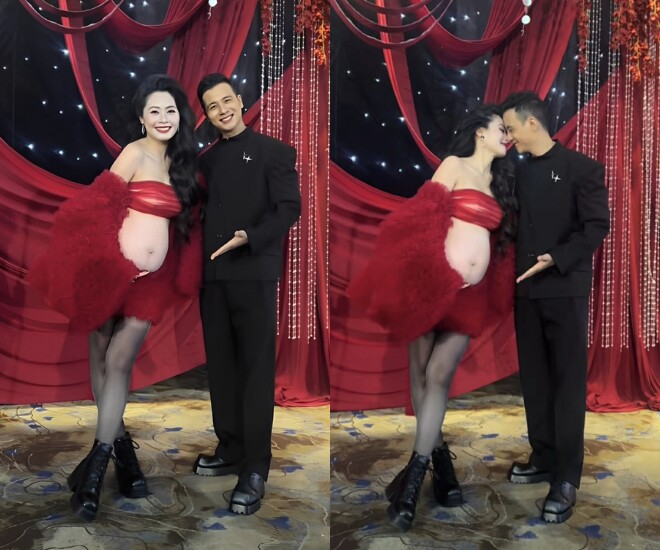 Thanh Hiền khoe bụng bầu với chồng hiện tại.