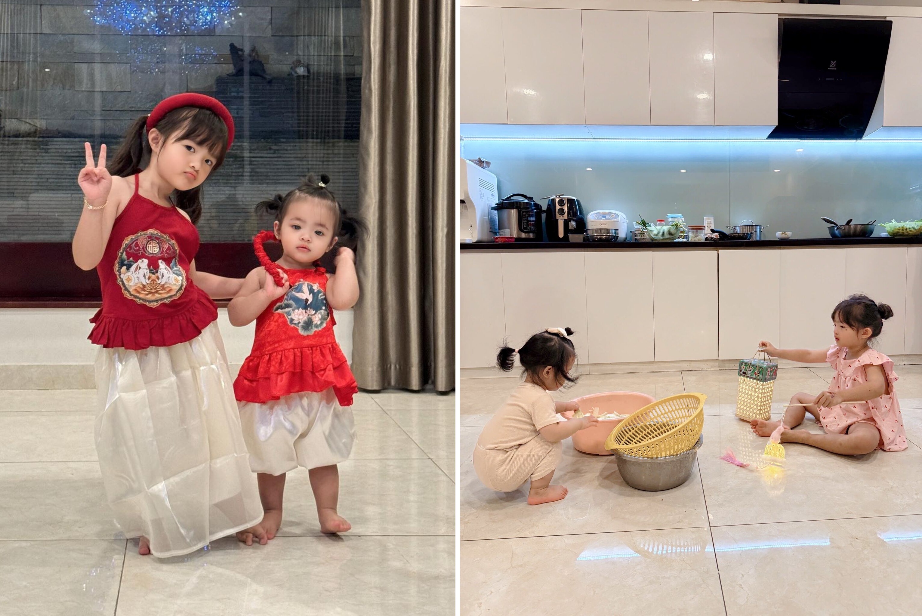 Đông Nhi đăng tải hình ảnh 2 con gái - Winnie và Hannie kèm theo lời nhắn: Tấm Cám lên đồ đi trẩy hội sau khi đã làm hết việc nhà.