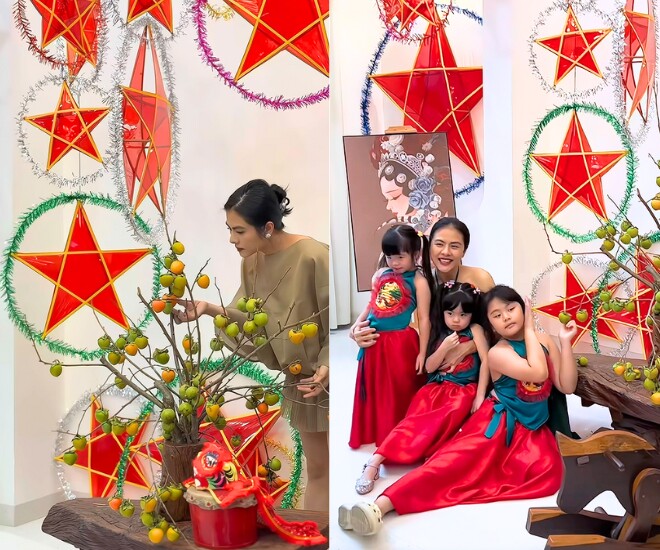 Vân Trang tự tay trang trí đèn lồng tạo không khí Trung thu cho biệt thự của gia đình.