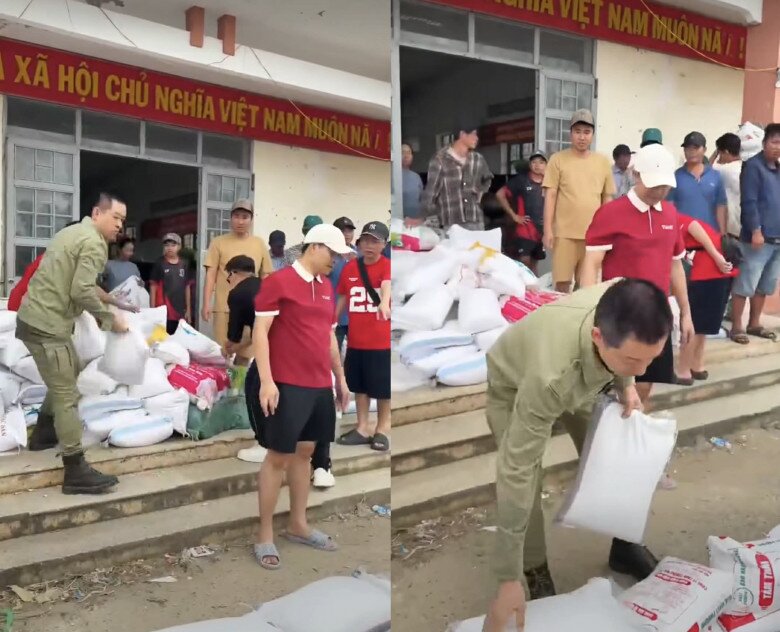 Tuấn Hưng tự tay bưng bê từng bao gạo gửi tặng bà con.