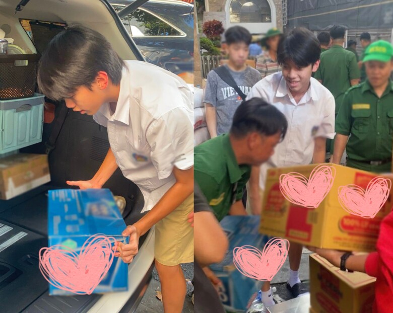 Hình ảnh Subeo tự bê các thùng nhu yếu phẩm để gửi cho bà con vùng lũ.