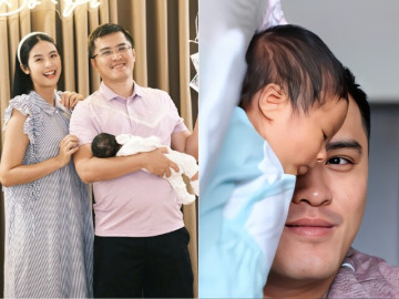 Hoa hậu Ngọc Hân bế con tổ chức sinh nhật cho chồng, quý tử 1 tháng tuổi hưởng gen mũi cao của bố