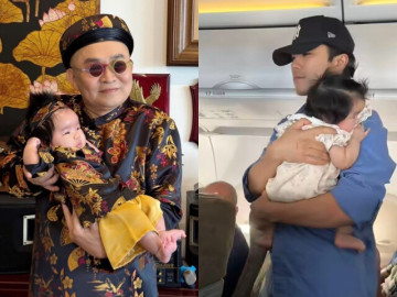 Cảnh cháu ngoại NSƯT Xuân Hinh ngồi máy bay đi du lịch: Bảo mẫu bế, mẹ giữ ti giả, bố pha trò để không khóc