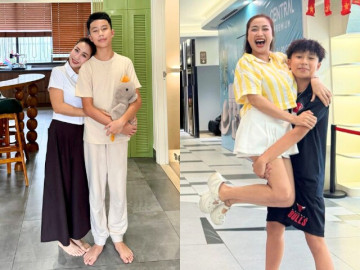 Con trai Ốc Thanh Vân ngại ngùng không muốn để mẹ hôn, 14 tuổi trổ mã cao lớn dư sức bế phụ huynh