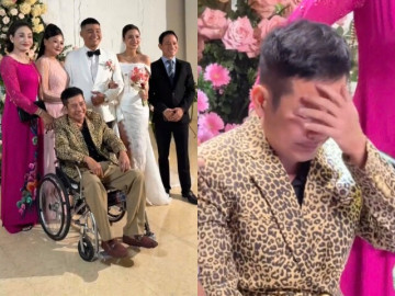 Nghệ sĩ Tấn Beo dự đám cưới của con trai sau đột quỵ, bật khóc khi được người thân dìu từng bước