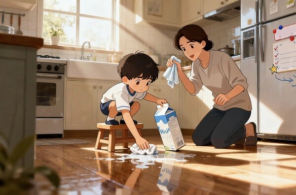 Khi trẻ làm đổ sữa, thay vì vội vàng trách mắng, bố mẹ hãy hướng dẫn con sửa lỗi.