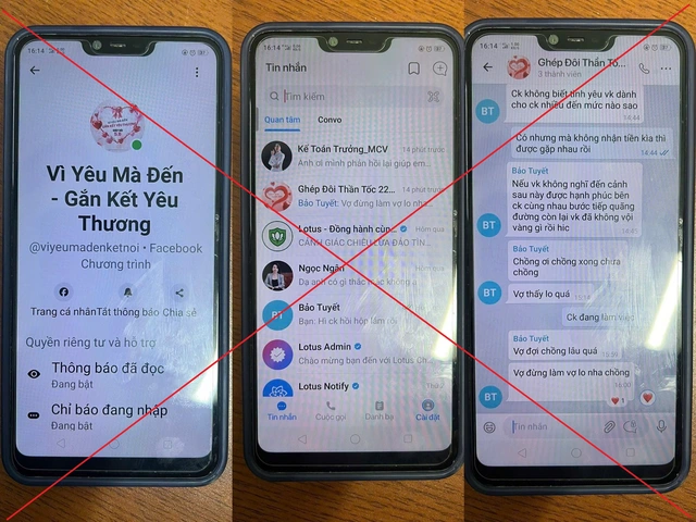 Hình ảnh các đoạn trò chuyện và nhóm “ghép đôi thần tốc”. Ảnh: Công an tỉnh Phú Thọ.