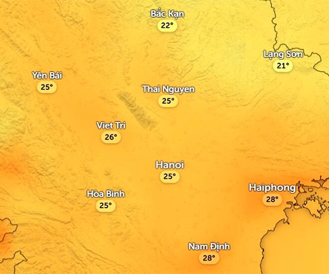 Nhiệt độ cảm nhận ở một số khu vực tại miền Bắc trưa và chiều nay, 10/11. Ảnh: Zoom Earth, OpenStreetMap, ICON.