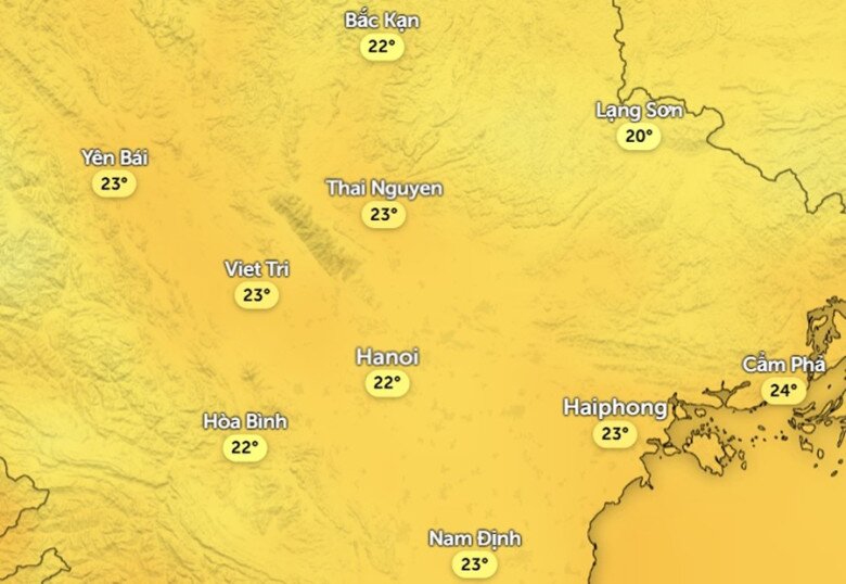 Dự báo nhiệt độ ở một số khu vực tại miền Bắc trưa và chiều mai, 11/11. Ảnh: Zoom Earth, OpenStreetMap, ICON.