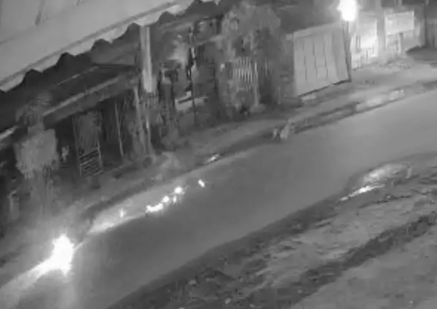 Chiếc xe máy cũng bị ngã sau khi tông cụ bà (đóm sát đèn). Ảnh: TN