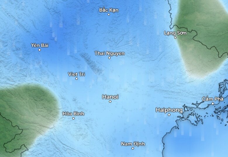 Dự báo mưa (những vùng màu xanh da trời) ở một số tỉnh thành miền Bắc vào sáng mai, 14/10. Ảnh: Zoom Earth, OpenStreetMap, GFS.