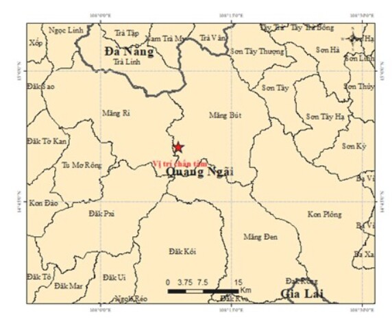 Vị trí xảy ra 7 trận động đất liên tiếp ở Quảng Ngãi sáng nay.