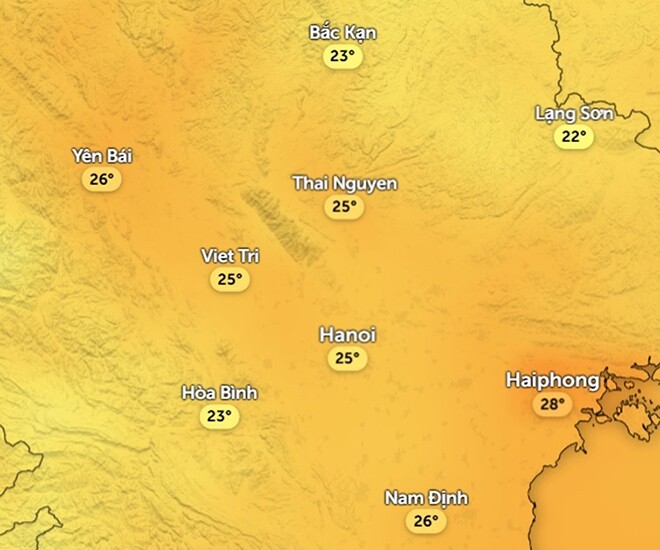 Nhiệt độ cảm nhận ở một số khu vực tại miền Bắc vào trưa và chiều mai, 31/10. Ảnh: Zoom Earth, OpenStreetMap, ICON.