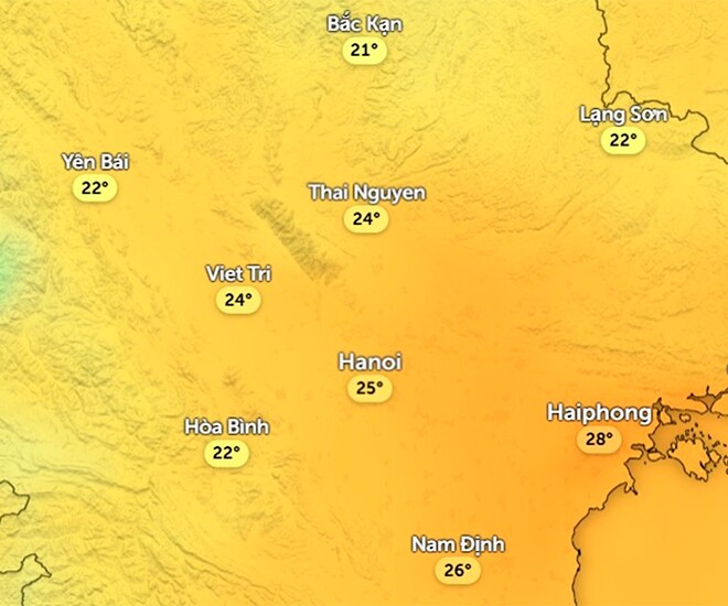 Dự báo nhiệt độ cảm nhận ở một số khu vực tại miền Bắc vào trưa và chiều 17/11: Nhiệt độ chưa thay đổi nhiều so với hôm nay. Ảnh: Zoom Earth, OpenStreetMap, ICON.