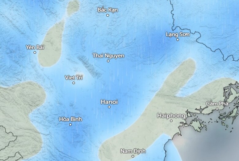 Dự báo mưa (những vùng màu xanh da trời) ở một số khu vực tại miền Bắc vào sáng 18/11 (thứ Ba tới). Ảnh: Zoom Earth, OpenStreetMap, ICON.