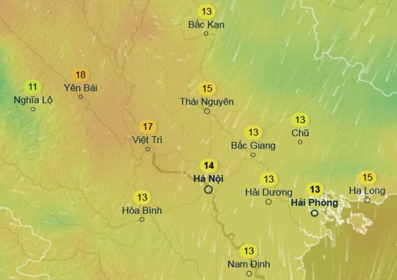 Dự báo nhiệt độ cảm nhận ở một số khu vực tại miền Bắc sáng 18/11: Nhiều nơi rét đậm, thậm chí có rét hại do không khí lạnh mạnh. Ảnh: Ventusky, ICON.