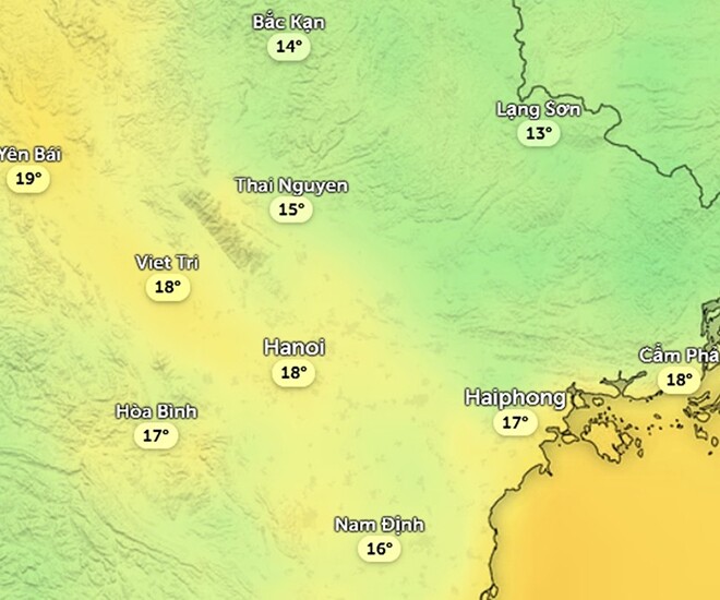 Dự báo nhiệt độ cảm nhận ở một số khu vực tại miền Bắc sáng sớm mai, 14/11. Ảnh: Zoom Earth, OpenStreetMap, ICON.