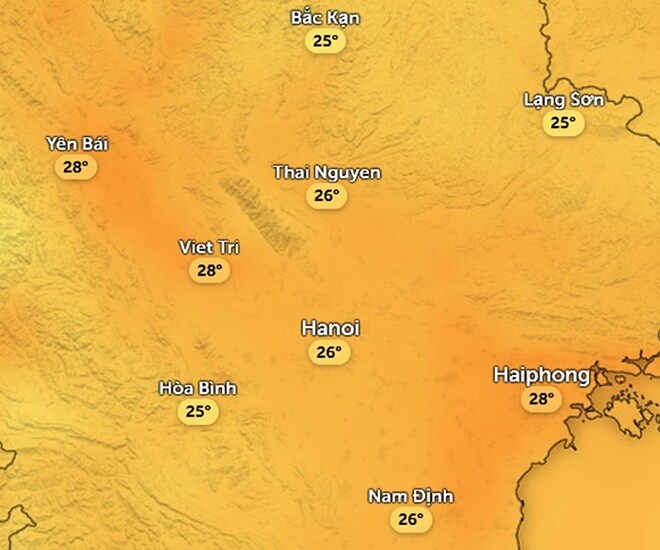 Nhiệt độ cảm nhận ở một số khu vực tại miền Bắc trong chiều nay, 6/11. Ảnh: Zoom Earth, OpenStreetMap, ICON.