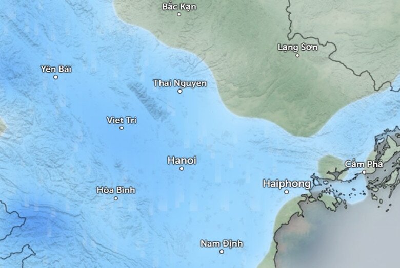 Dự báo mưa (những vùng màu xanh da trời) ở một số khu vực tại miền Bắc sáng 8/11 (thứ Bảy). Ảnh: Zoom Earth, OpenStreetMap, ICON.