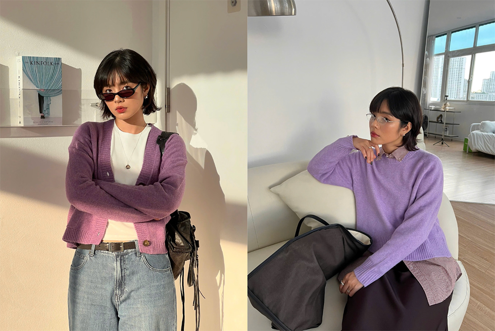 Tự thú nhận sở thích… ít mặc màu mè, Bynellie vẫn “giải đề” phối màu tím ngon ơ! Trong outfit đầu tiên, cô nàng chọn chiếc áo cardigan màu tím pastel dáng crop boxy với độ relaxed nhẹ nhàng nhờ chất len mềm mịn. Ở bản phối này, Bynellie chỉ diện 2 item đơn giản là áo thun trắng và quần jeans dáng rộng ống rũ, để mọi sự chú ý tập trung vào sắc tím pastel ấn tượng. Tới outfit thứ 2, Bynellie mang đến cái nhìn đậm chất Ivy League với những layer ton-sur-ton trên gam màu tím và ánh tím. Đặc biệt, sự tương phản giữa chất liệu satin bóng của chân váy và độ xù mềm của áo len cổ tròn khiến tổng thể có sự cân bằng hơn.